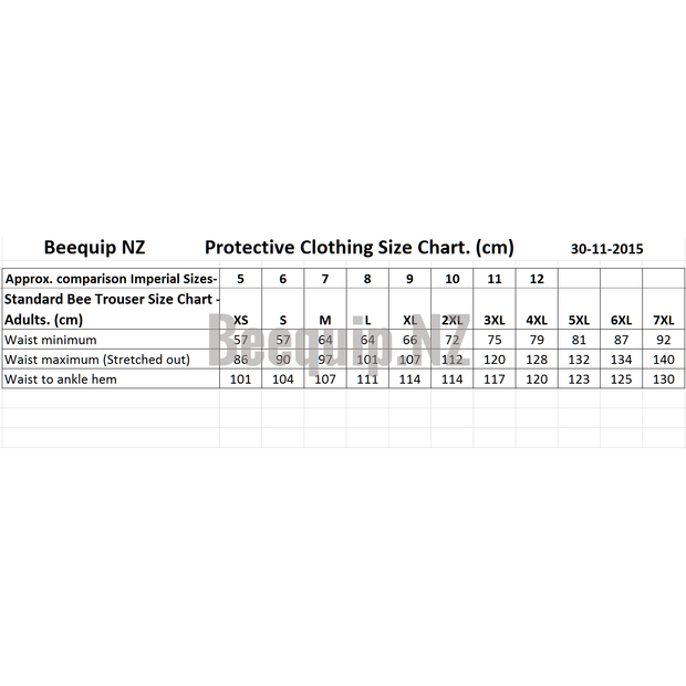 Protective Clothing SIze Chart in cm